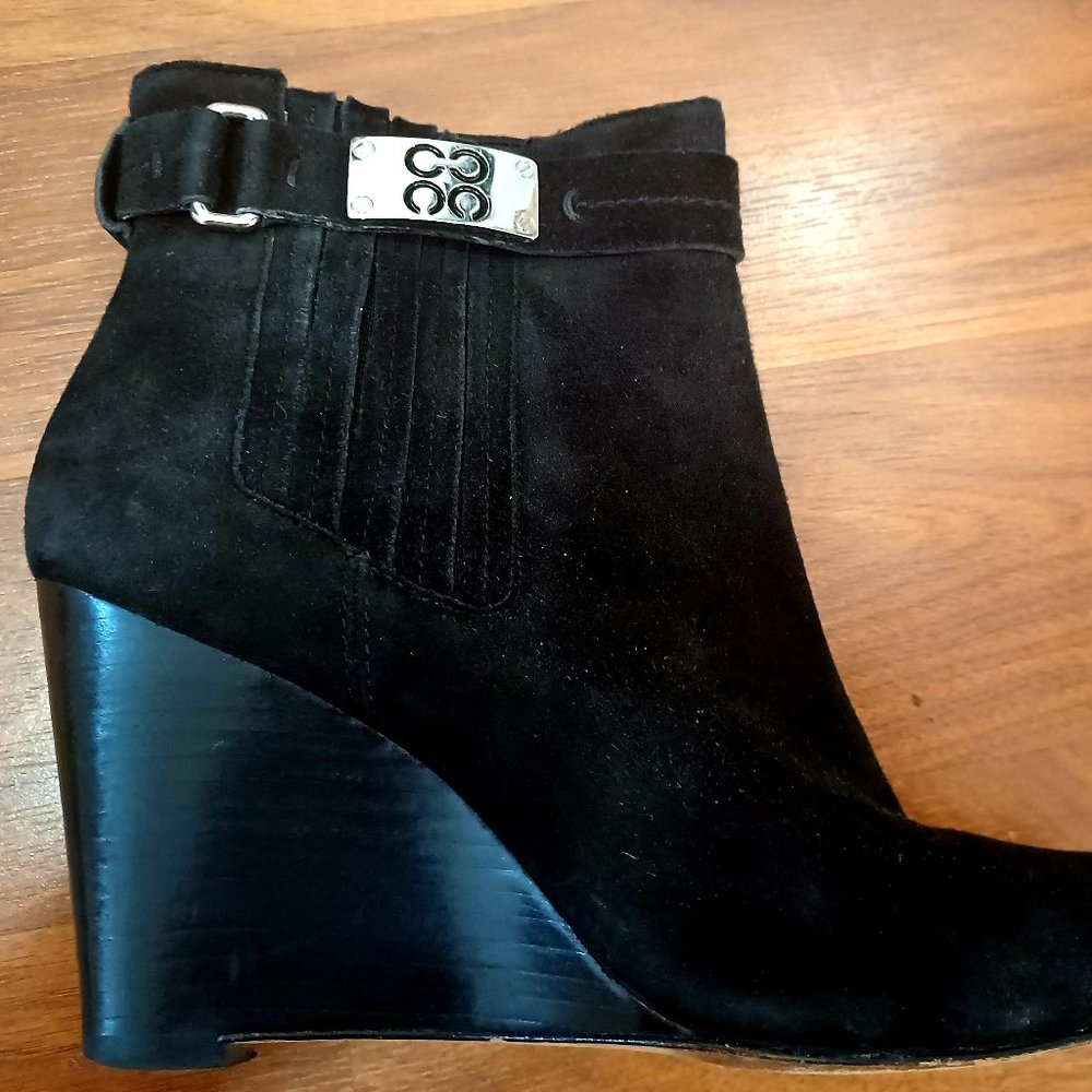 Coach black suede silver logo buckle booties